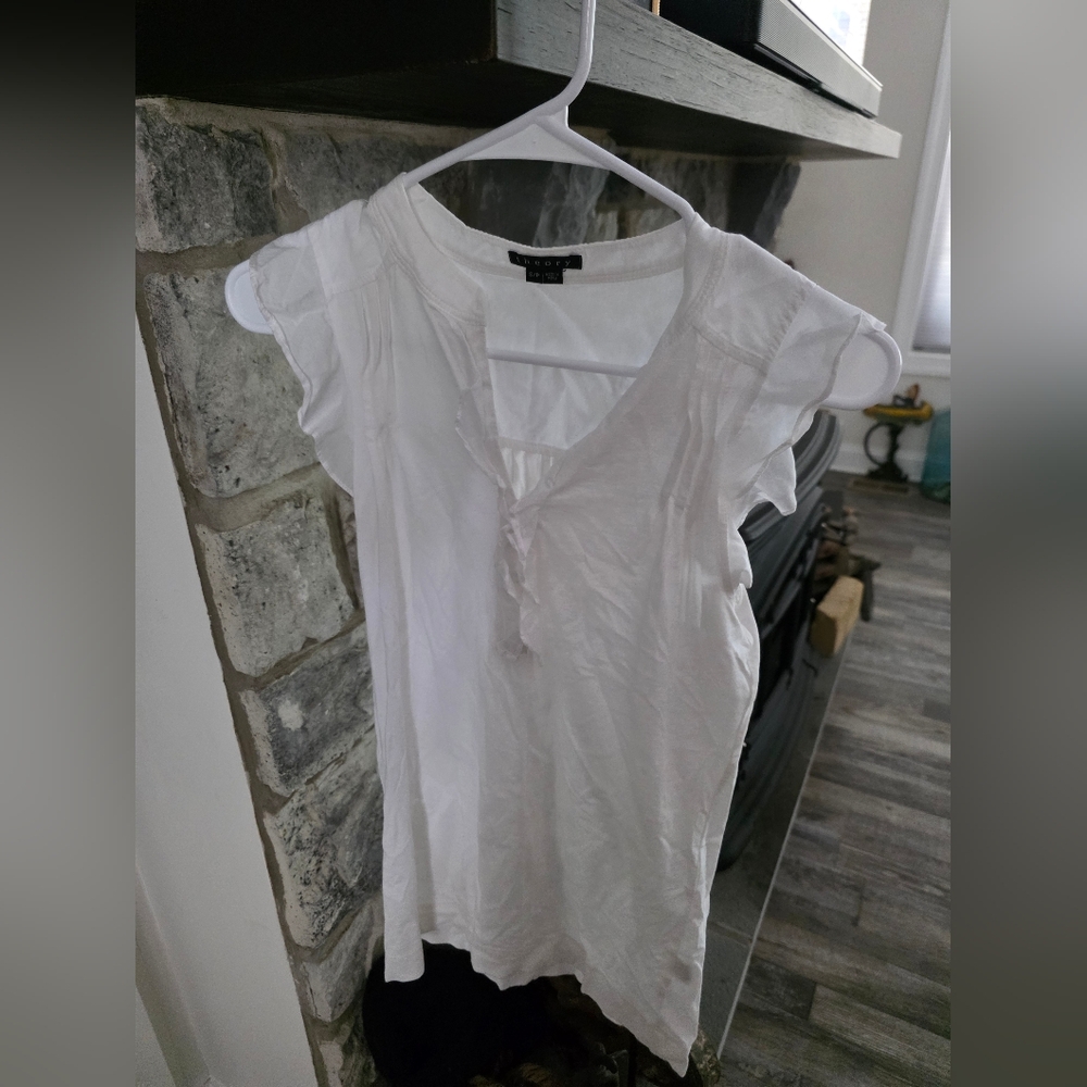 Theory White Flutter Sleeve Blouse with Tie Front